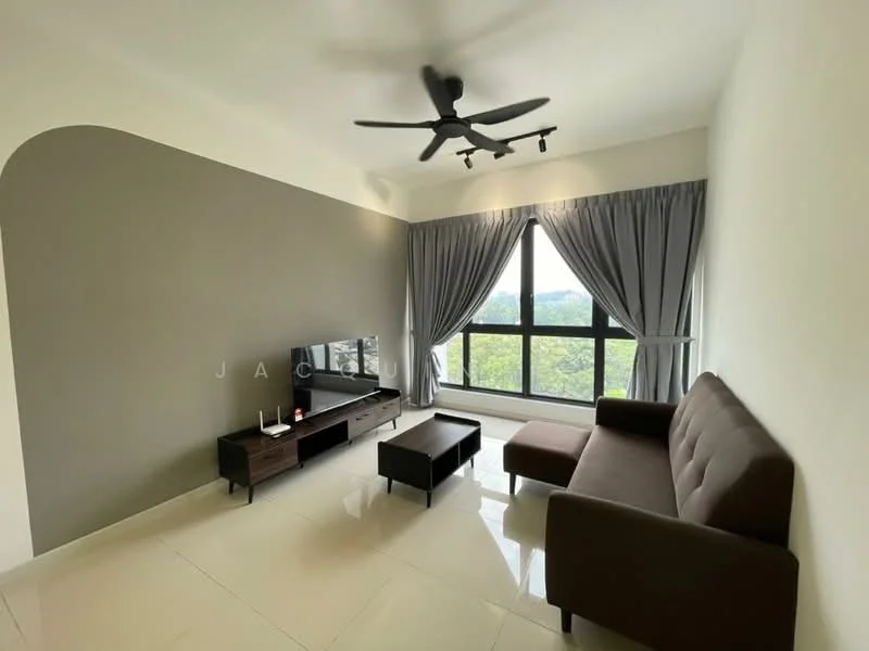 Living features: 3-seater fabric sofa in brown, coffee table, TV console, wall-mounted TV, floor-to-ceiling windows, grey accent wall, white painted walls, ceiling fan with light, curtains, tile flooring; style: modern; view: garden.