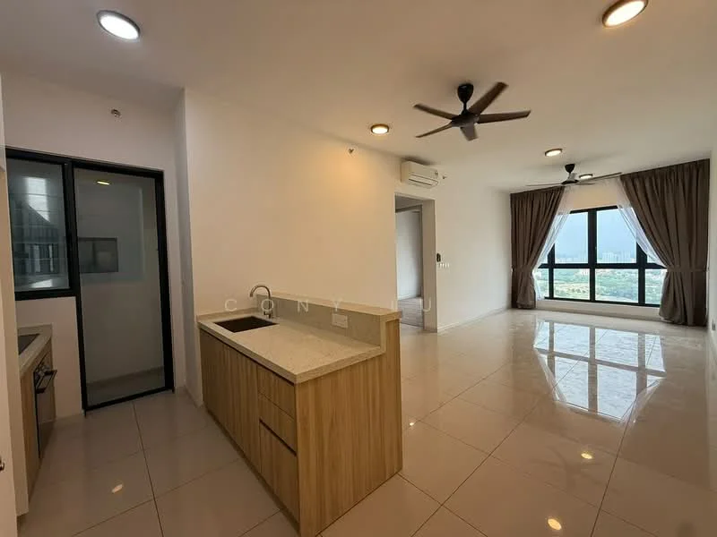Kitchen features: granite countertop, wood cabinetry, single-bowl stainless-steel sink, built-in oven, stainless-steel range hood; style: modern. Living features: large floor-to-ceiling windows, grey tiled flooring, 5-blade ceiling fan, recessed downlights, curtains, air conditioning unit; style: modern; view: city.