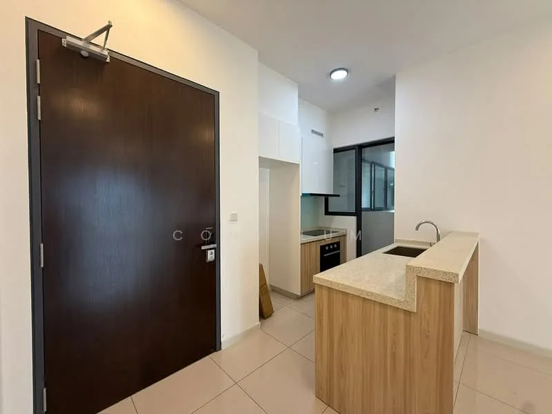 Kitchen features: wood cabinetry, granite countertop, single-bowl stainless-steel sink, chrome pull-down faucet, built-in oven, ceramic cooktop, tile flooring, white painted walls, recessed downlights, open layout, kitchen island; style: modern. Room features: main entrance door, white painted walls, tile flooring.