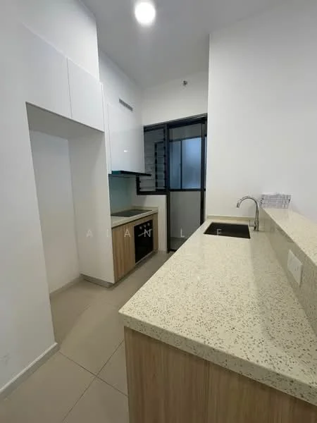 Kitchen features: light-coloured speckled countertop, single-bowl stainless-steel sink, chrome pull-down faucet, wood cabinetry with flat-panel design, built-in oven, stainless-steel range hood, ceramic tile flooring, white painted walls, recessed downlights, sliding glass door, open shelving; style: modern.