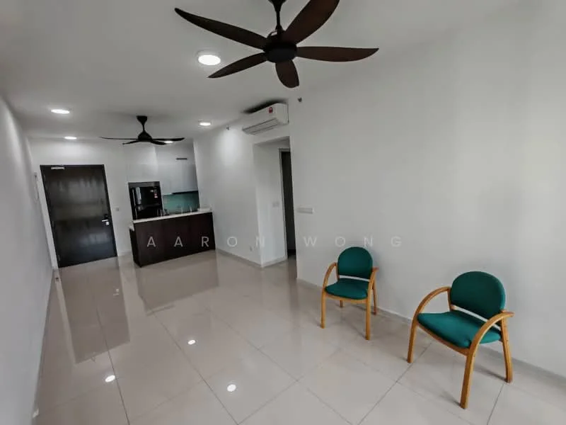 Living features: white painted walls, glossy ceramic tile flooring, 2 ceiling fans, recessed downlights, air conditioning unit, open kitchen layout, 2 green upholstered chairs, kitchen counter with bar seating, black refrigerator; style: modern.