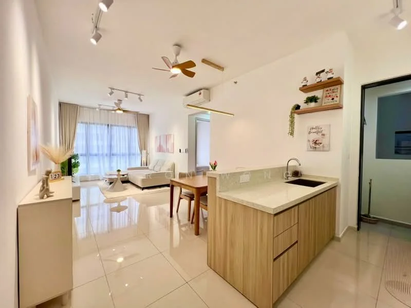 Living features: white painted walls, glossy tile flooring, 5-blade ceiling fan with light, sofa in light color, dining table with chairs, kitchen island with countertop, wood cabinetry, recessed downlights, floor-to-ceiling windows with sheer curtains; style: modern. Kitchen features: kitchen island, wood cabinetry, stainless-steel sink, countertop with light color, recessed downlights; style: modern.