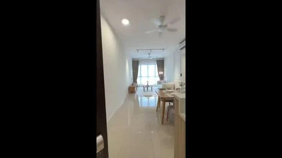 Living features: white painted walls, glossy tile flooring, 5-blade ceiling fan with light, large windows with sheer curtains, sofa, coffee table, dining table, decorative plants, track lighting, neutral color scheme; style: modern; view: city. Room features: white painted walls, glossy tile flooring, doorway leading to living area.