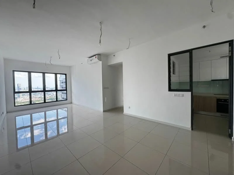 Living features: white painted walls, glossy ceramic tile flooring, floor-to-ceiling windows, 1 wall-mounted split AC, recessed downlights, open layout, city view, neutral color scheme; style: modern; view: city. Kitchen features: white cabinetry, black countertop, built-in oven, stainless-steel sink, chrome pull-down faucet, ceramic tile backsplash, open layout to living area; style: modern.
