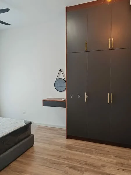 Bedroom features: queen-size bed, dark wood headboard, built-in wardrobe with dark grey finish, gold handles on wardrobe, wall-mounted mirror, wooden flooring, ceiling fan, desk with drawer; style: modern.