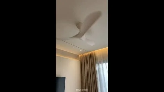 Room features: ceiling fan, recessed downlights, sheer curtains, wall with light-colored paint, decorative lighting, floor-to-ceiling window; style: modern.