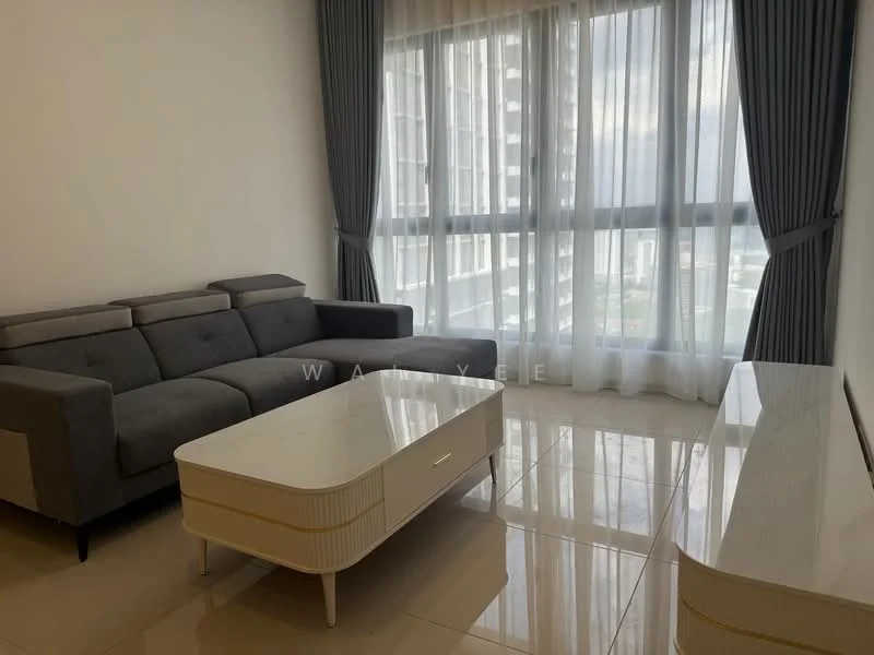 Living features: grey fabric sofa, white coffee table, floor-to-ceiling windows, sheer curtains, grey curtains, glossy tile flooring, neutral wall colour, minimalist decor; style: modern; view: city.