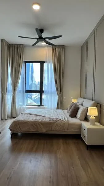 Bedroom features: king-size bed with beige bedding, upholstered headboard, two bedside lamps, wooden flooring, floor-to-ceiling windows, sheer curtains, 5-blade ceiling fan, decorative wall paneling, wall-mounted light switch; style: modern; view: city.