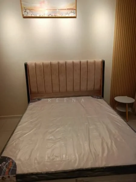 Bedroom features: king-size bed, upholstered headboard in beige, white bed linens, side table, wooden flooring, decorative wall art, striped accent wall, soft lighting; style: modern.