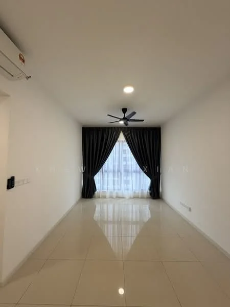 Living features: white painted walls, glossy ceramic tile flooring, 5-blade ceiling fan with light, floor-to-ceiling windows, sheer curtains, blackout curtains, air conditioning unit, recessed downlights; style: modern; view: city.