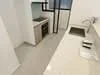 Kitchen features: white painted walls, light grey tile flooring, granite countertop, single-bowl stainless-steel sink, chrome pull-down faucet, built-in oven, 4-burner gas hob, wood cabinetry, sliding glass door, window with view, recessed downlights; style: modern.