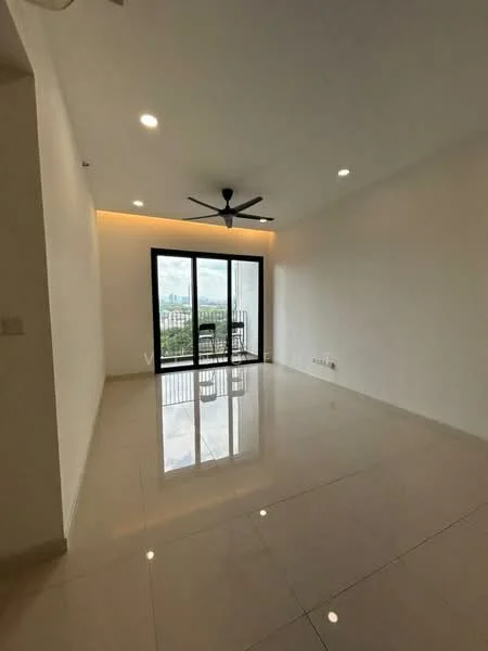 Living features: white painted walls, polished ceramic tile flooring, 5-blade ceiling fan with light, floor-to-ceiling sliding glass door, balcony access, recessed lighting, neutral color scheme, no visible furniture; style: modern; view: city.