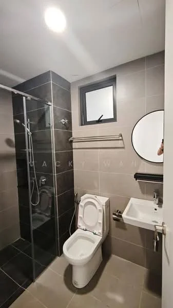 Bathroom features: walk-in shower with glass enclosure, rain shower head, handheld shower, single-sink vanity with wall-mounted faucet, framed mirror, one-piece toilet, grey tile flooring, dark grey tile wall cladding, chrome towel rail, window with black frame, recessed downlights; style: modern.