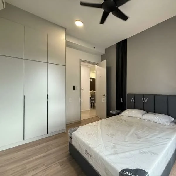 Bedroom features: queen-size bed, upholstered headboard, 2 bedside lamps, built-in wardrobe with sliding doors, wooden flooring, ceiling fan, recessed downlights, neutral wall colour, decorative wall paneling; style: modern.