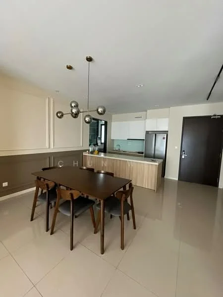 Dining features: dining table with 6 chairs, pendant light fixture with multiple bulbs, cream painted walls, glossy tile flooring, open layout to kitchen, large window for natural light, kitchen island with seating, stainless-steel refrigerator, built-in kitchen cabinetry, countertop with light wood finish; style: modern. Kitchen features: stainless-steel sink, built-in oven, cooktop, microwave, light wood cabinetry, white countertop, glass backsplash, recessed lighting; style: modern.