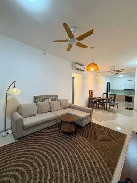 Living features: 3-seater fabric sofa in light grey, round coffee table, area rug with circular pattern, 2 ceiling fans, pendant lighting, wall-mounted air conditioning unit, white painted walls, glossy tile flooring, dining table with chairs visible in background; style: modern.