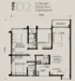 Floor plan: 3-bedroom 2-bathroom unit; features: open-plan kitchen-dining-living, master bedroom with ensuite bathroom, bedroom 2 with shared bathroom, utility room, balcony off living room, central foyer, 2 car porch, 1,200 sqft built-up.