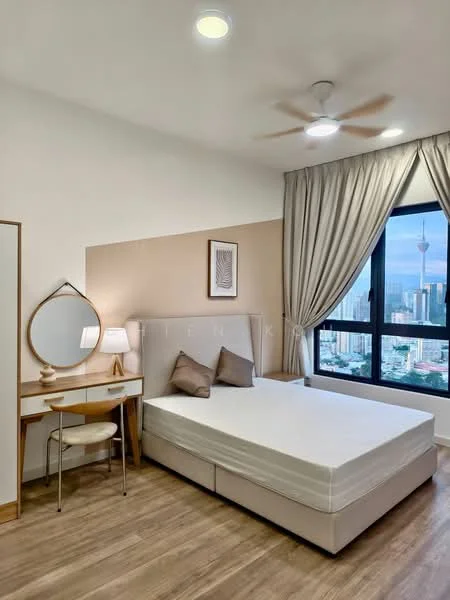 Bedroom features: queen-size bed, upholstered headboard, 2 decorative pillows, wooden bedside table, table lamp, dressing table with round mirror, chair, floor-to-ceiling window, curtains, ceiling fan with light, wooden flooring, neutral wall color, decorative artwork on wall; style: modern; view: city.