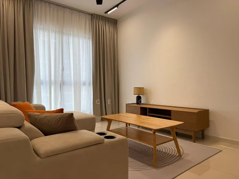 Living features: light grey fabric sofa, orange throw pillow, wooden coffee table, area rug with circular pattern, TV console with storage, table lamp, floor-to-ceiling windows with sheer curtains, neutral painted walls, recessed ceiling lights, tile flooring; style: modern.