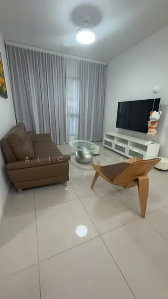 Living features: 3-seater brown leather sofa, glass coffee table, wooden accent chair, white TV console, wall-mounted TV, light grey curtains, recessed ceiling light, glossy tile flooring, decorative wall art; style: modern.