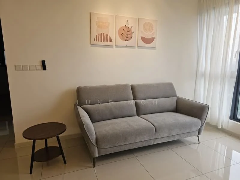Living features: grey fabric 2-seater sofa, round wooden side table, white walls, large window with sheer curtains, framed artwork with abstract designs, glossy tile flooring, recessed lighting, wall-mounted light switch; style: modern.