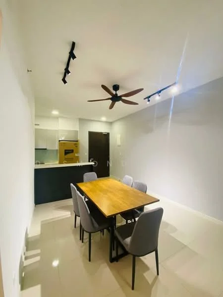 Dining features: dining table with wooden surface, 4 upholstered dining chairs in grey, ceiling fan with 5 blades, recessed LED downlights, white painted walls, glossy tile flooring, open kitchen layout visible in background, track lighting; style: modern.