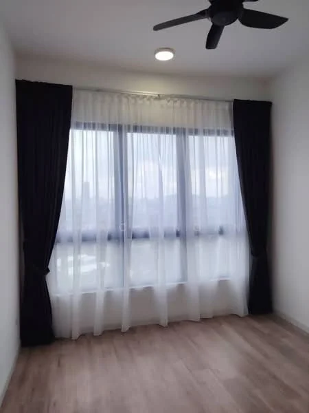 Room features: floor-to-ceiling windows, sheer curtains, blackout curtains, wooden flooring, ceiling fan, recessed downlight; style: modern; view: city.