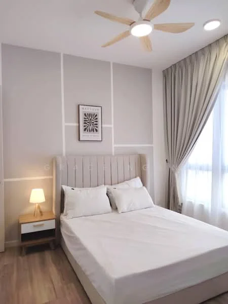 Bedroom features: queen-size bed, upholstered headboard, 2 white pillows, white bedding, wooden bedside table, table lamp with white shade, light grey painted walls, wooden flooring, 5-blade ceiling fan with integrated LED light, floor-to-ceiling window with sheer curtains; style: modern.