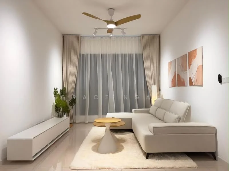 Living features: 3-seater fabric sofa in light grey, round coffee table with white base, TV console in white, area rug in cream, floor-to-ceiling windows, sheer curtains, ceiling fan with 3 blades, decorative wall art with abstract design, indoor plant in ceramic pot, recessed downlights; style: modern.