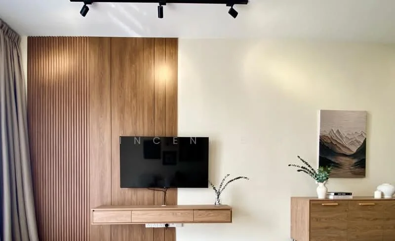 Living features: wood panel accent wall, light beige painted wall, wall-mounted TV, wooden TV console, decorative vase with greenery, framed artwork, track lighting, curtains, wooden sideboard; style: modern.