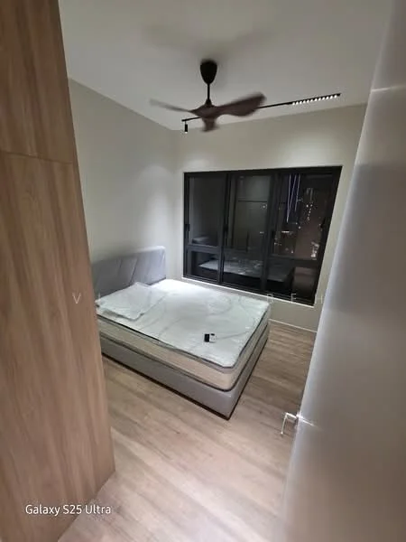Bedroom features: queen-size bed, upholstered headboard, 5-blade ceiling fan, floor-to-ceiling windows, wooden flooring, light grey walls, built-in wardrobe, nightstand, decorative wall paneling; style: modern; view: city.