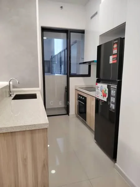 Kitchen features: single-bowl stainless-steel sink, chrome pull-down faucet, granite countertop, wood cabinetry, built-in oven, freestanding range oven, stainless-steel fridge, ceramic tile flooring, grey accent wall, floor-to-ceiling windows, sliding glass door, recessed downlights; style: modern.