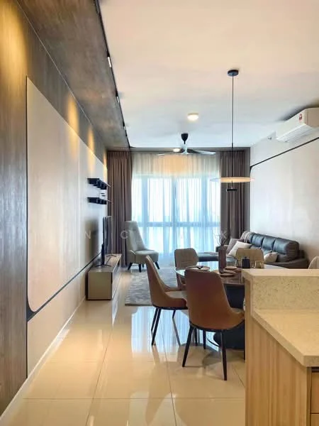 Living features: cream painted walls, wood panel accent wall, recessed downlights, 5-blade ceiling fan with light, floor-to-ceiling windows, sheer curtains, L-shape sectional sofa in brown, coffee table, TV console, wall-mounted TV, area rug, dining table with 4 chairs; style: modern; view: city.
