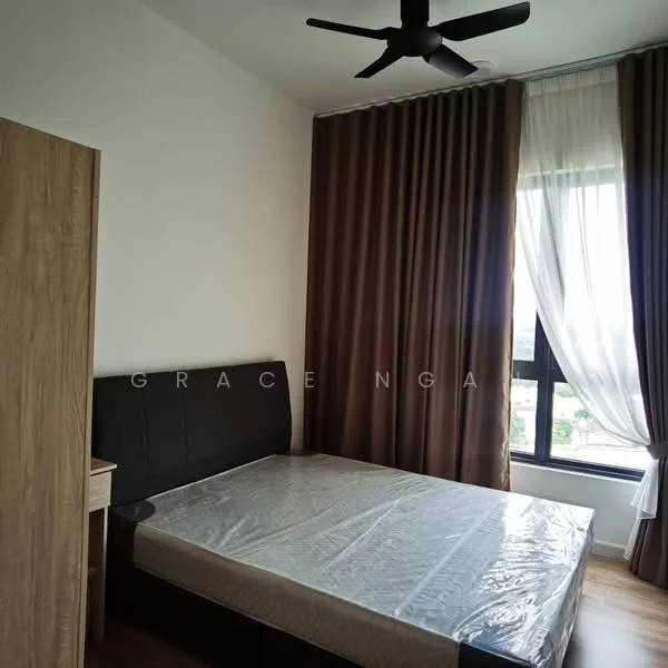 Bedroom features: queen-size bed, upholstered headboard, wooden bedside table, floor-to-ceiling window, sheer curtains, blackout curtains, 5-blade ceiling fan, wood laminate flooring, white painted walls, decorative wall paneling; style: modern; view: city.