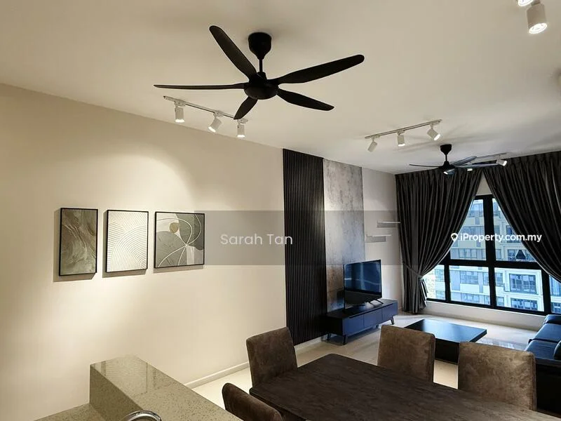 Living features: 5-blade ceiling fan, recessed downlights, wall-mounted TV, black TV console, dark grey sofa, dining table with upholstered chairs, decorative artwork on walls, floor-to-ceiling windows with curtains; style: modern; view: city.