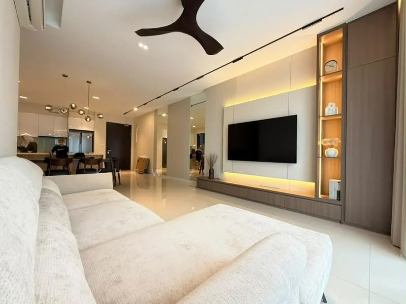 Living features: L-shape sectional sofa in light beige, wall-mounted TV, media console with built-in shelving, recessed LED downlights, 5-blade ceiling fan with light, white painted walls, glossy tile flooring, decorative wall with backlighting, open-plan layout connecting to dining area, large windows providing natural light; style: modern. Dining features: dining table with chairs, open-plan layout connecting to living area, pendant lighting above dining table; style: modern.