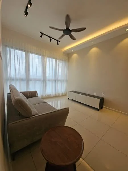 Living features: 3-seater fabric sofa in light grey, wooden side table, floor-to-ceiling windows with sheer curtains, recessed LED downlights, ceiling fan, cream painted walls, glossy tile flooring, TV console in white; style: modern.