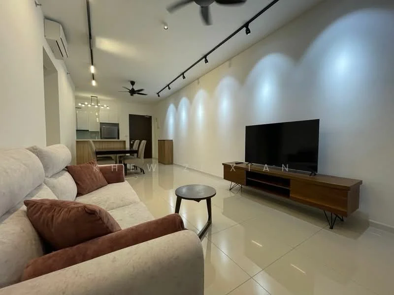 Living features: 3-seater fabric sofa in light grey, 2 accent cushions in rust color, wooden coffee table, wall-mounted TV, TV console in wood finish, recessed LED downlights, white painted walls, glossy ceramic tile flooring, ceiling fan with light, open layout to dining area, large windows for natural light; style: modern.