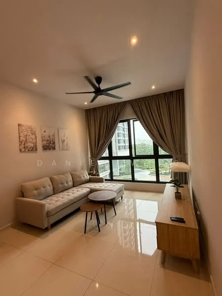 Living features: 3-seater fabric sofa in beige, round coffee table, wooden TV console, floor-to-ceiling windows, sheer curtains, 5-blade ceiling fan with light, recessed LED downlights, cream painted walls, glossy tile flooring; style: modern; view: city.