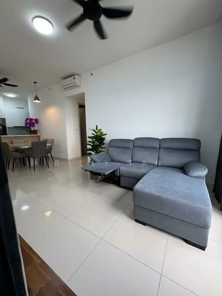 Living features: 3-seater fabric sofa in grey, chaise lounge, coffee table, wall-mounted TV, recessed LED downlights, ceiling fan, white painted walls, glossy tile flooring, decorative plant, blackout curtains; style: modern. Dining features: 6-seater dining table, upholstered dining chairs, pendant lighting, open kitchen layout; style: modern.