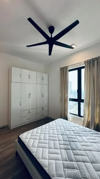 Bedroom features: queen-size bed, upholstered headboard, 5-blade ceiling fan with light, floor-to-ceiling window, sheer curtains, built-in wardrobe with white finish, wooden flooring, decorative wall light; style: modern; view: city.