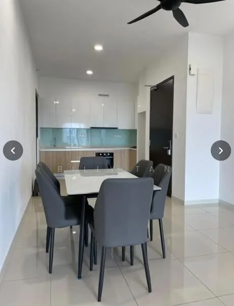 Dining features: white painted walls, glossy tile flooring, 5-blade ceiling fan, dining table with white top, 6 upholstered dining chairs in grey, built-in kitchen cabinetry, glass backsplash, stainless-steel built-in oven, recessed downlights, kitchen island with seating; style: modern.