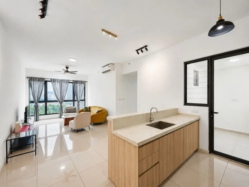 Living features: cream painted walls, glossy tile flooring, 5-blade ceiling fan with light, recessed LED downlights, floor-to-ceiling windows, blackout curtains, sofa in beige fabric, TV console, wall-mounted TV, coffee table, open kitchen layout, kitchen island with countertop, single-bowl stainless-steel sink, chrome pull-down faucet; style: modern; view: garden.