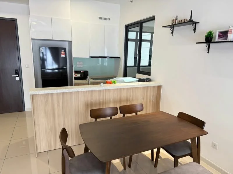 Dining features: wood dining table, 4 wooden dining chairs, white walls, tile flooring, open kitchen layout, kitchen island with countertop, stainless-steel fridge, glass backsplash, under-cabinet lighting, shelves on wall, kitchen appliances visible; style: modern. Kitchen features: white cabinetry, granite countertop, built-in oven, stainless-steel sink, chrome pull-down faucet, glass cooktop, microwave, kitchen island; style: modern.