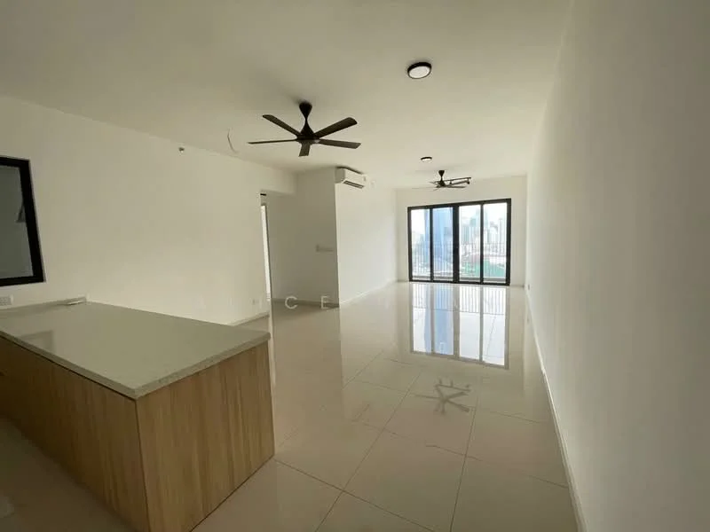 Living features: white painted walls, glossy tile flooring, 2 ceiling fans, recessed downlights, floor-to-ceiling windows, sliding glass door, kitchen island with countertop, air conditioning unit; style: modern; view: city.