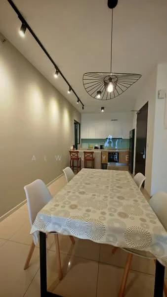 Dining features: 6-seater dining table with patterned tablecloth, white dining chairs, pendant light fixture, track lighting on ceiling, cream painted walls, glossy tile flooring, open kitchen area visible, wooden bar stools, kitchen cabinetry visible in background, window with natural light; style: modern.