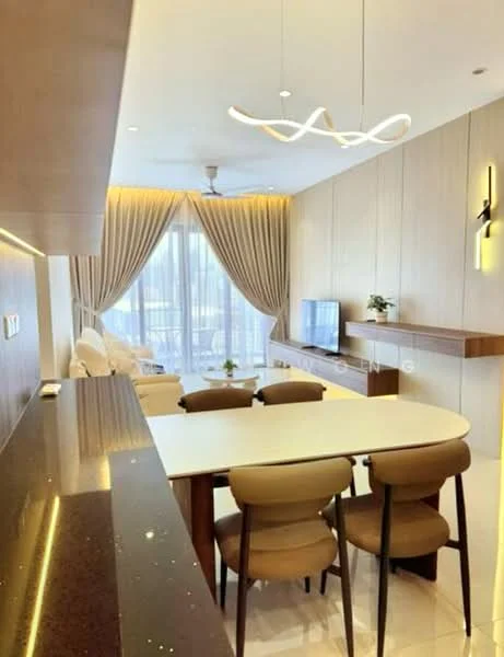 Living features: sofa in cream fabric, coffee table, wall-mounted TV, TV console, 5-blade ceiling fan with light, recessed downlights, floor-to-ceiling windows, sheer curtains, wood paneling on walls, marble flooring, decorative wall sconce, area rug with geometric pattern; style: modern; view: garden. Dining features: 6-seater dining table, upholstered dining chairs, pendant light above table, open shelving, decorative plant on table; style: modern. Kitchen features: kitchen island with countertop, stainless-steel sink, built-in cabinetry, recessed lighting, black granite countertop; style: modern.