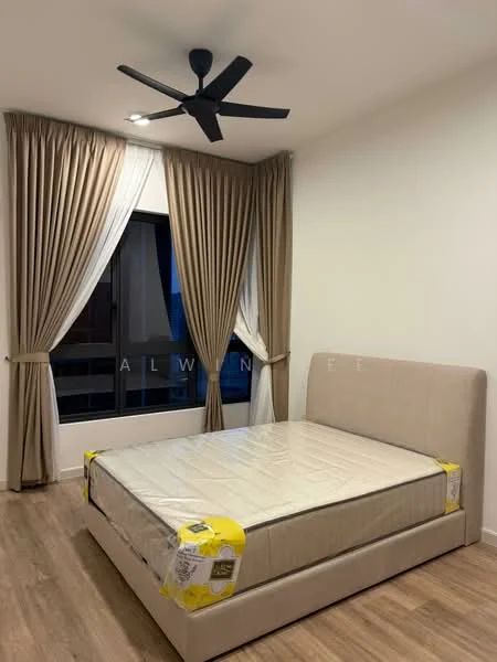 Bedroom features: queen-size bed, upholstered headboard, floor-to-ceiling windows, sheer curtains, blackout curtains, 5-blade ceiling fan, wooden flooring, neutral wall colour; style: modern.