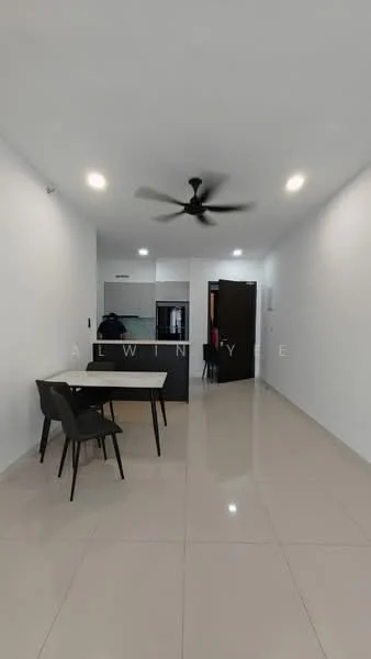 Dining features: white painted walls, polished ceramic tile flooring, 5-blade ceiling fan with light, dining table with 4 chairs, open layout to kitchen, recessed downlights, black cabinetry in kitchen area, doorway leading to hallway; style: modern.