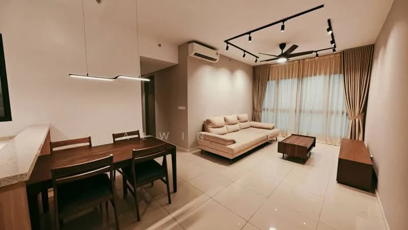 Living features: 3-seater fabric sofa in beige, coffee table, TV console, wall-mounted TV, area rug, 5-blade ceiling fan with light, recessed LED downlights, floor-to-ceiling windows with sheer curtains, cream painted walls, glossy tile flooring; style: modern. Dining features: 6-seater dining table, wooden dining chairs, pendant lamp, open kitchen layout; style: modern.
